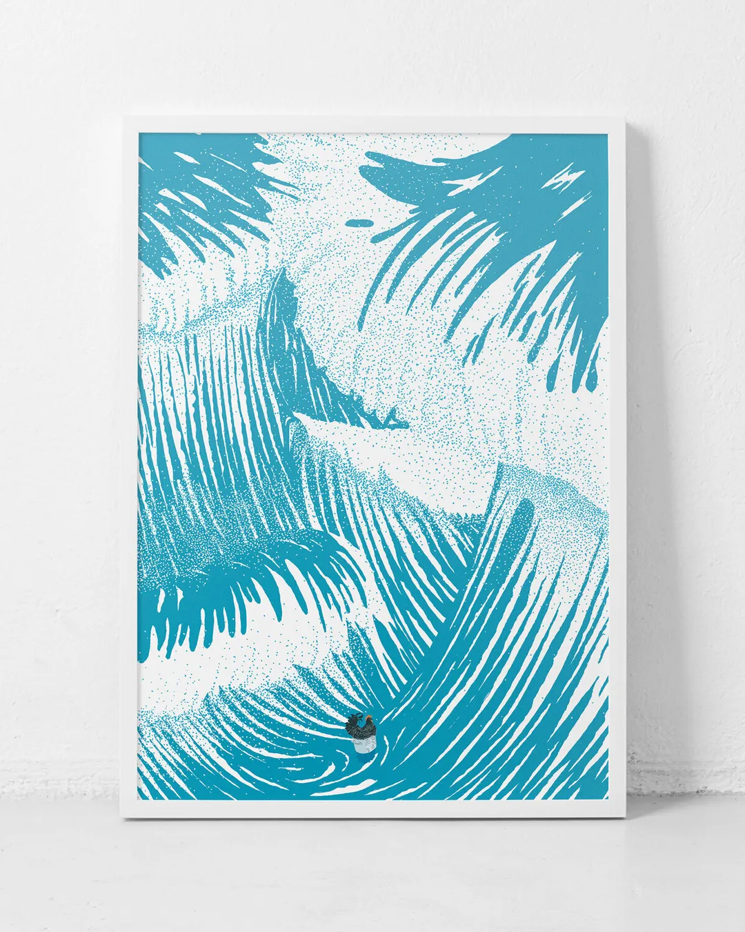 Ein Plakat mit einem Suppenhuhn, das in einem Kochtopf schwimmend, in stürmischen Meereswellen auf und davon ist.